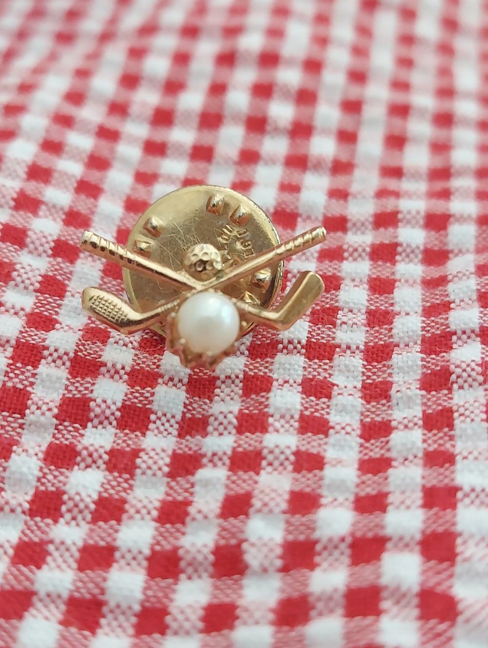 Gold Tone Golf Clubs and Pearl "Golf Ball" Lapel Pin - Tie Tack Ballou Reg'd Pin